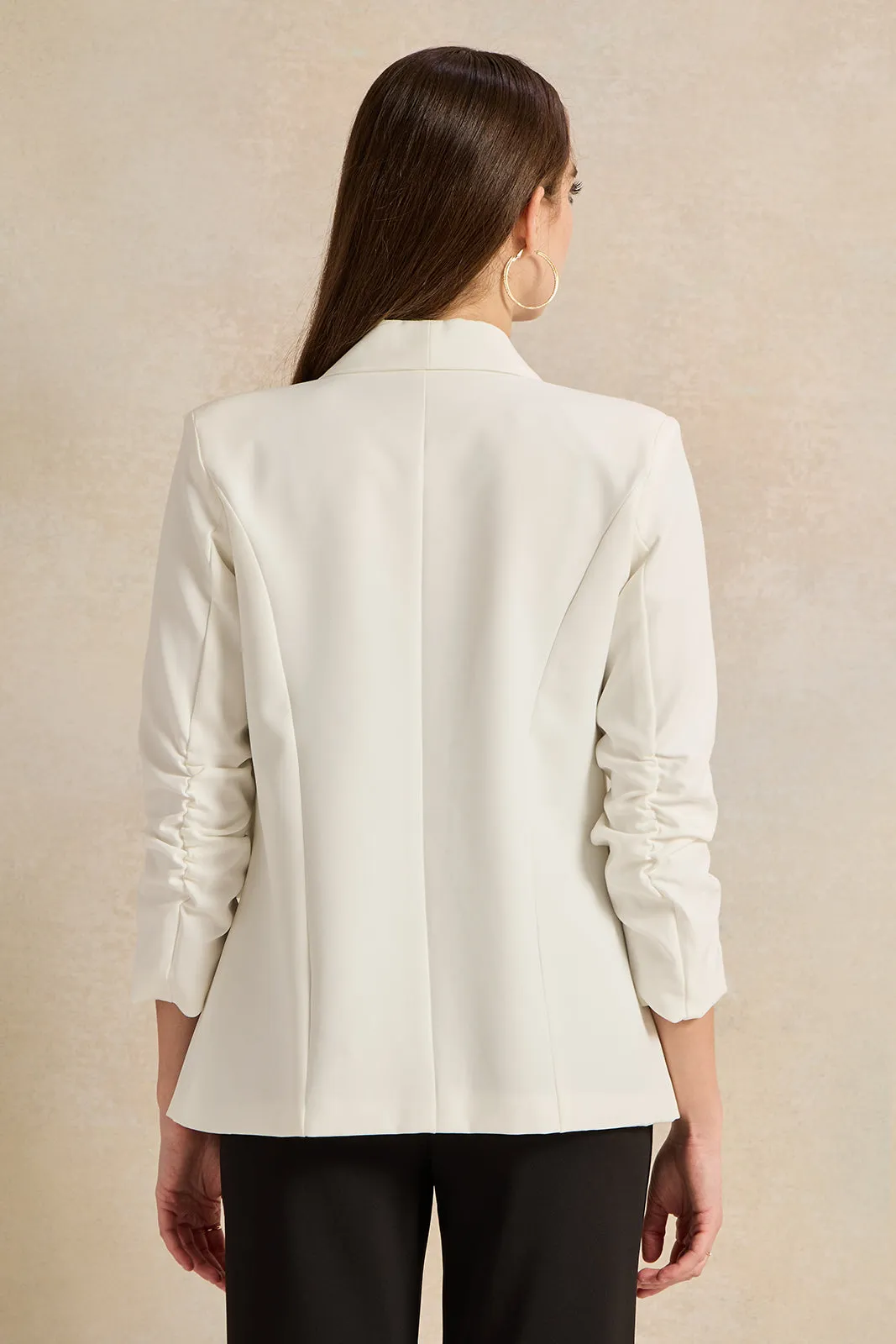 Women Ivory Ruched Sleeve Blazer