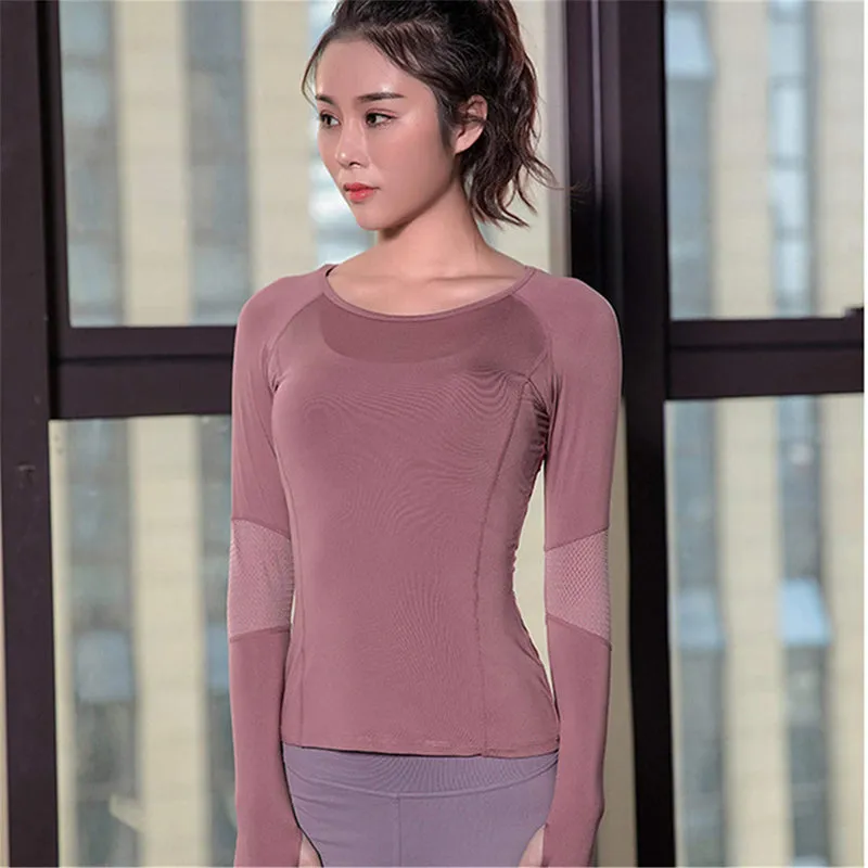 Womens Long Sleeve Mesh Breathable Yoga Sports Shirts